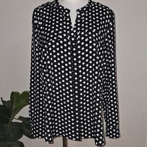 Calvin Klein Polka Dot Blouse Women’s L Black White Roll Tab Sleeve Epaulette